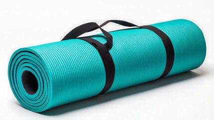 Rolled Turquoise Exercise Mat with Black Straps for Fitness and Yoga Practice on White Background