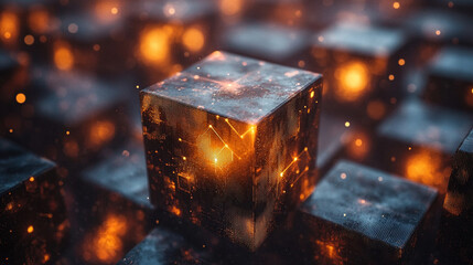 A futuristic metaverse concept featuring digital cubes symbolizing network connections, technology, and artificial intelligence, reflecting the modern era of advanced digital transformation.

