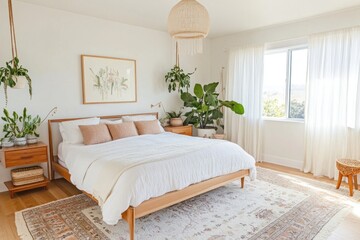 Bright, airy bedroom with king bed, plants, and rug.