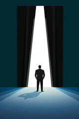 Ein Mensch betrachtet den Lichtstrahl hinter einem aufgeklappten Vorhang

