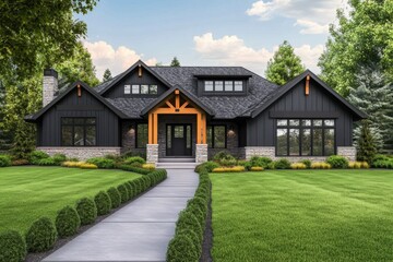 A contemporary black house featuring elegant stone accents stands proudly amidst a vibrant landscape, showcasing a meticulously groomed yard beneath a bright and clear sky