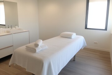 White room with a massage table and a sink