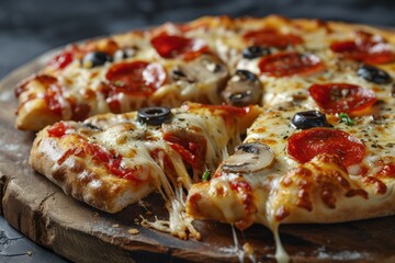 Pizza. Pepperoni Pizza. Classic Italian Pizza with Spicy Pepperoni Slices, Mozzarella Cheese, and Rich Tomato Sauce. Pepperoni Pizza Isolated on a Background with Copy Space.