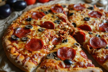 Pizza. Pepperoni Pizza. Classic Italian Pizza with Spicy Pepperoni Slices, Mozzarella Cheese, and Rich Tomato Sauce. Pepperoni Pizza Isolated on a Background with Copy Space.