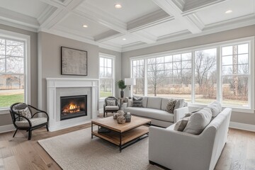 Bright, airy living room with fireplace, coffered ceiling, and large windows.