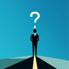Obraz premium Geschäftsmann steht vor Entscheidungspfad mit Fragezeichen
