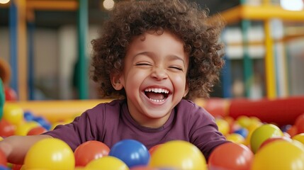 Laughing Child Playing in a Ball Pit at an Indoor Playground – Fun and Joyful Childhood Moment