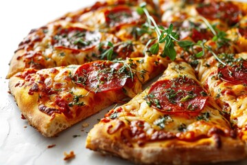 Pizza. Pepperoni Pizza. Classic Italian Pizza with Spicy Pepperoni Slices, Mozzarella Cheese, and Rich Tomato Sauce. Pepperoni Pizza Isolated on a Background with Copy Space.