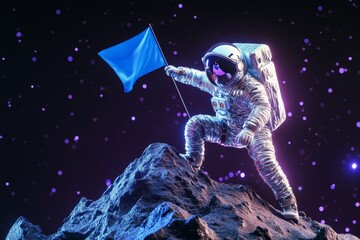 Man in a spacesuit is holding a blue flag on top of a mountain