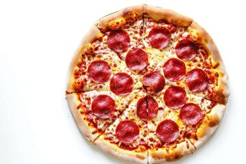 Pizza. Pepperoni Pizza. Classic Italian Pizza with Spicy Pepperoni Slices, Mozzarella Cheese, and Rich Tomato Sauce. Pepperoni Pizza Isolated on a Background with Copy Space.