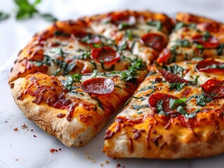 Pizza. Pepperoni Pizza. Classic Italian Pizza with Spicy Pepperoni Slices, Mozzarella Cheese, and Rich Tomato Sauce. Pepperoni Pizza Isolated on a Background with Copy Space.