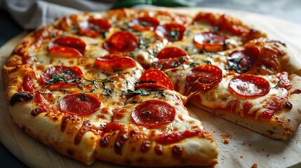 Pizza. Pepperoni Pizza. Classic Italian Pizza with Spicy Pepperoni Slices, Mozzarella Cheese, and Rich Tomato Sauce. Pepperoni Pizza Isolated on a Background with Copy Space.