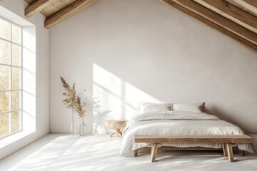 Bright attic bedroom with wooden beams, large window, and minimalist decor.