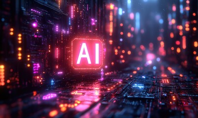 Futuristic Digital Landscape with AI and Cyberpunk Aesthetic for High Technology Interface