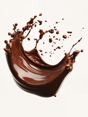 Chocolate splashes elegantly against a cream background, showcasing rich textures and vibrant movement during an artistic culinary presentation