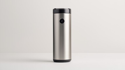 Silver Cylindrical Container with Black Lid and Button Device on White Background Studio Setting Still Life