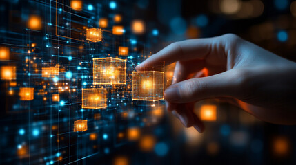 A futuristic metaverse concept featuring digital cubes symbolizing network connections, technology, and artificial intelligence, reflecting the modern era of advanced digital transformation.

