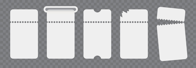 Paper white coupon set. Cinema ticket mockup collection. Blank form for discount. Torn and damaged admission pass. Vector