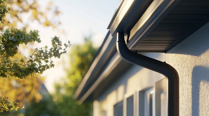 Rain gutter system protecting house from water damage during a sunny day