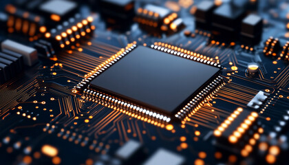 Obraz premium entrepreneurship and startup. Close-up of a microchip on a circuit board with glowing details.