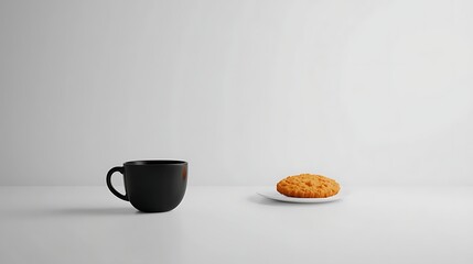 Simple Still Life Black Cup of Beverage Next to Golden Cookie on White Surface Offering Comforts Treat