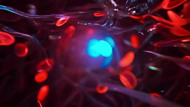 Close-up view of red blood cells and glowing blue energy flows in a dynamic biological environment, symbolizing cellular activity and circulation.
