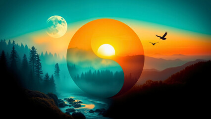 Yin-Yang symbol where the Yin (dark side) represents serene nature, The Yang (light side) is warm and bright, with golden hues representing energy