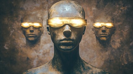Three mannequins wearing futuristic glowing glasses and expressing mystery