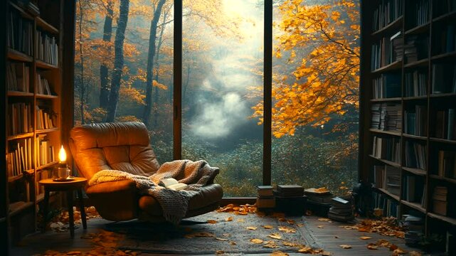 Cozy autumn reading nook with leather chair and large window view. Seamless looping 4K time-lapse animation video background