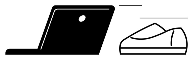 Laptop with speed lines and athletic shoe convey efficiency and speed. Ideal for business solutions, fitness apps, productivity tools, tech startups, e-commerce, corporate strategies, time