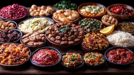 Diverse cuisine buffet on wooden table with dark background