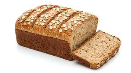 Sliced Fresh Whole Wheat Bread Loaf Sprinkled with Oats on Tabletop Display Slice Cut Portion Portioned Portioning