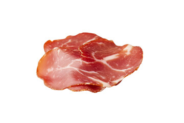 Piece of ham is sliced and placed on a white background, isolated