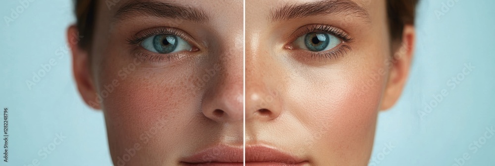 Aufkleber Split screen comparison showcasing aging effects on a womans face against a youthful, smooth complexion. Generative AI