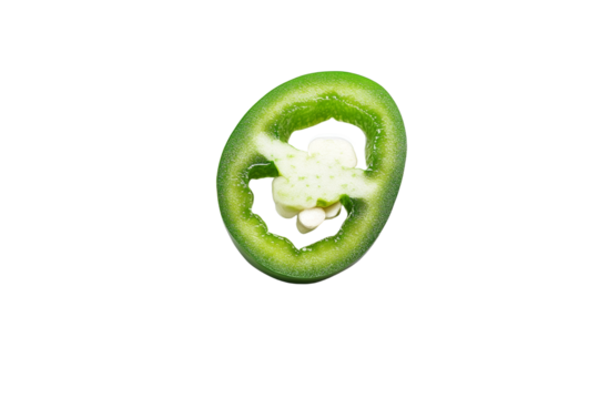 Green pepper is sliced in half and has a white spot in the middle, isolated