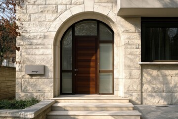 Elegant entrance of a modern stone house showcasing a wooden door, decorative mailbox, and well-maintained steps in bright daylight
