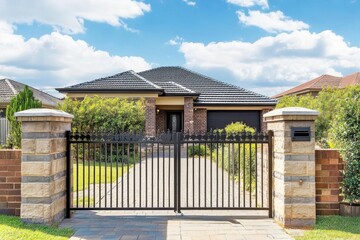 Elegant residential gate leading to a charming home showcasing classic architecture and a well-maintained yard under a bright blue sky in a suburban neighborhood