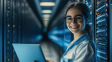 Female IT Technician Analyzing Network Data in Server Room