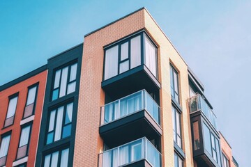 Obraz premium A contemporary apartment building featuring balconies stands prominently against a backdrop of a clear blue sky, situated in a lively urban environment under the bright daylight