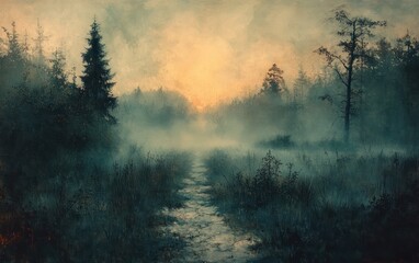 Fototapeta premium Misty Ethereal Landscape with Concrete Room and Smoke Enveloped in Fog