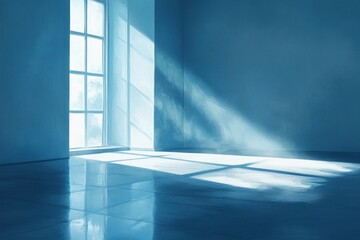 Obraz premium Minimalist Blue Interior Space for Product Presentation with Soft Lighting and Gentle Shadows
