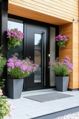 Beautiful contemporary entrance with black door and vibrant purple flowers surrounded by modern architecture in a suburban neighborhood