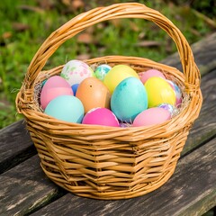 Naklejka premium Easter basket with colored easter eggs with spring flowers at the back. 
