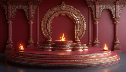 Luxury Podium Display for Indian Festive Celebration with Gold Patterns and Red Background