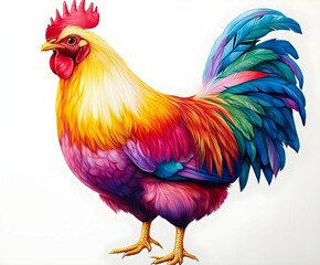 Fototapeta premium Colorful rooster standing proudly with vibrant feathers in a lively depiction
