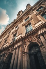 Fototapeta premium Captivating architectural details of a historic building captured from a low angle in an urban setting under a cloudy sky