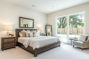 Bright bedroom with king bed, large windows, and sitting chair.
