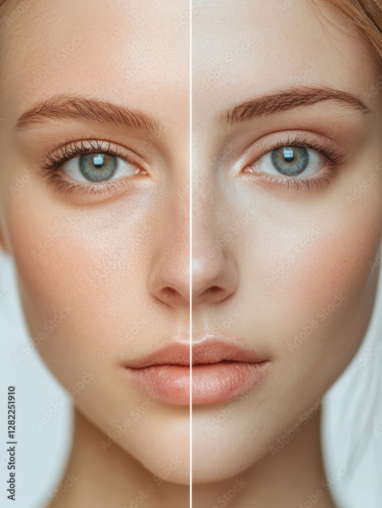 Poster womans face showing contrast between visible wrinkles and smooth skin, highlighting beauty transform