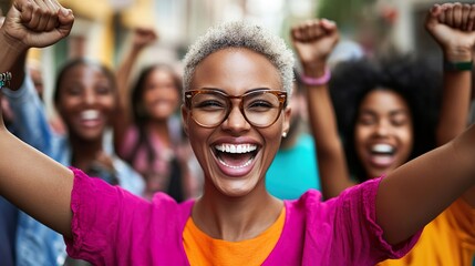 Fototapeta premium Confident Woman Leading Protest with Diverse Group for Social Change 