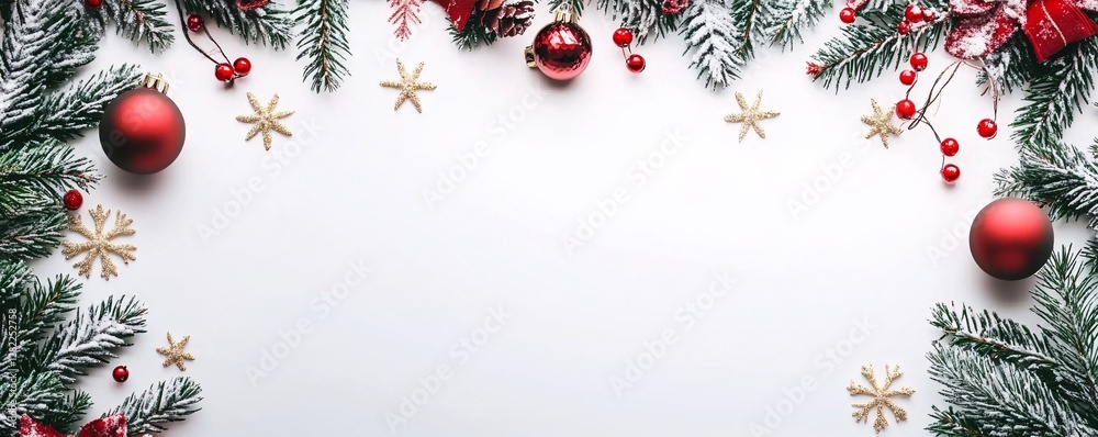 Poster christmas border consisting of fir branches, red baubles and golden snowflakes creating copy space